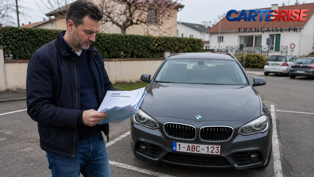 Voiture avec plaque étrangère devant un concessionnaire européen — importation et immatriculation en France 2026
