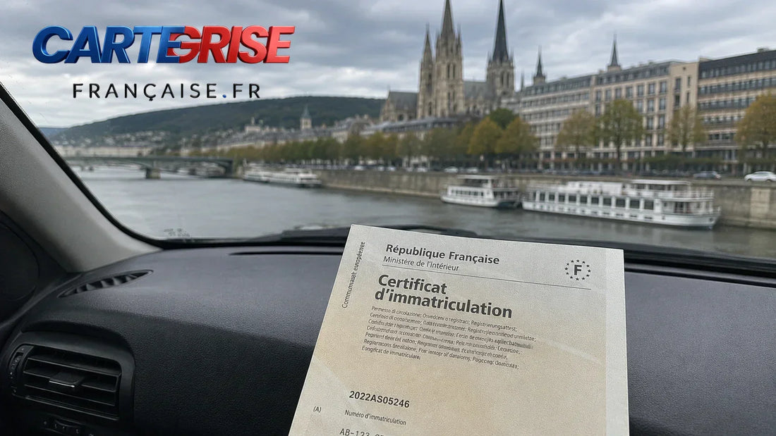 Vue de Rouen et voiture — carte grise Normandie 2026 plafond légal 60 euros Seine-Maritime immatriculation en ligne