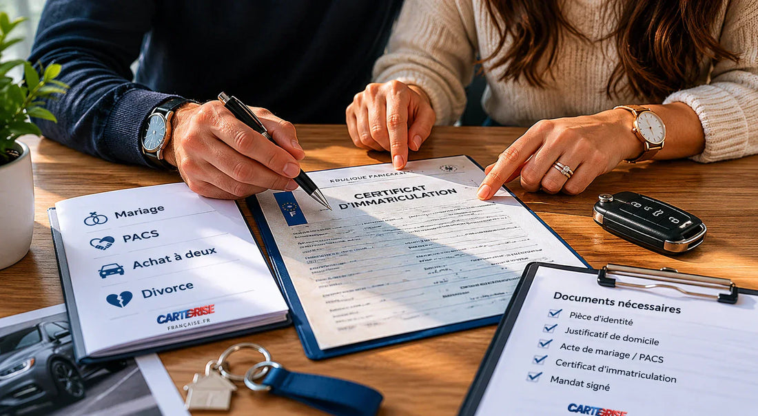 Carte grise au nom des deux époux — guide cotitulaire, mariage, PACS, divorce et démarches 2026