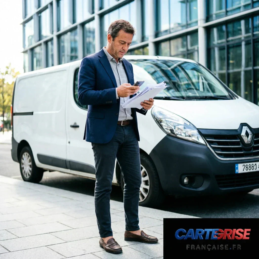 Dirigeant d'entreprise tenant des clés de véhicule devant un véhicule professionnel — carte grise société France 2026