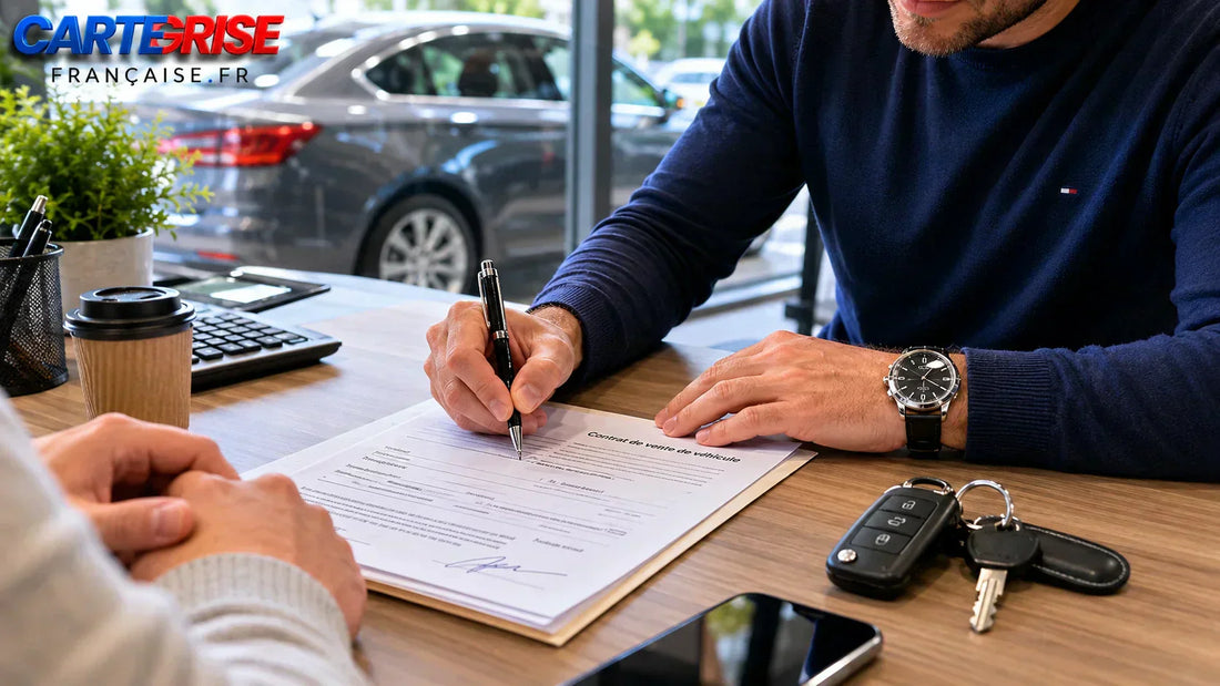 Personne signant un contrat de rachat de véhicule en leasing avec les clés de voiture sur le bureau, France 2026