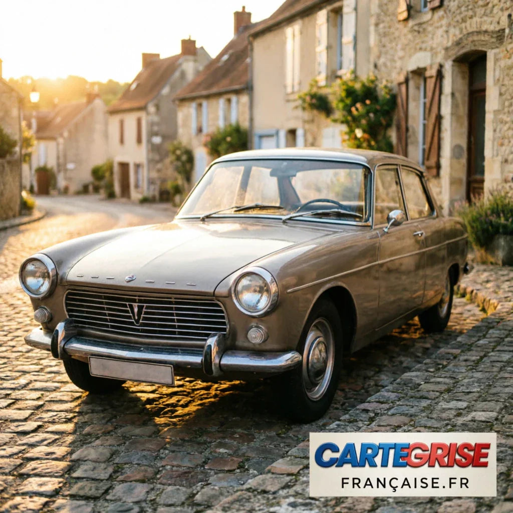 Voiture ancienne de collection des années 60 sur une route de campagne — carte grise collection et démarches France 2026