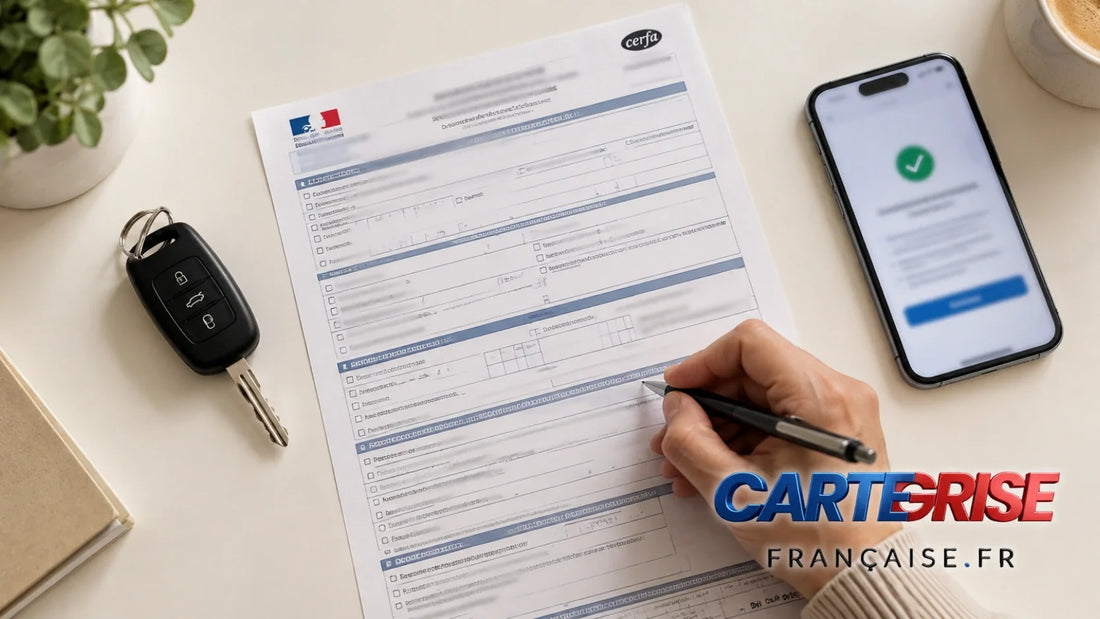 Une personne remplit un certificat de cession de véhicule à côté de clés de voiture et d’un smartphone