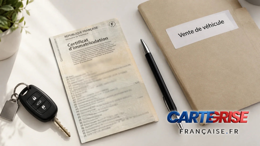 Carte grise, clés de voiture et dossier de vente pour un changement de propriétaire de véhicule